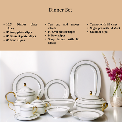 Elegant bone china soup bowls and oval serving dishes with intricate grey patterns for formal Pakistani dinners.