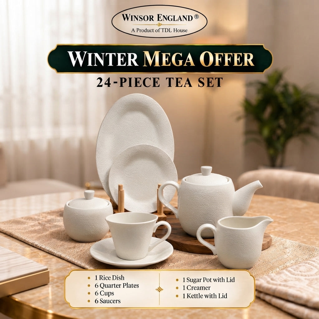 Winsor England 24-piece white textured tea set displayed on a wooden table with matching plates and teapot   