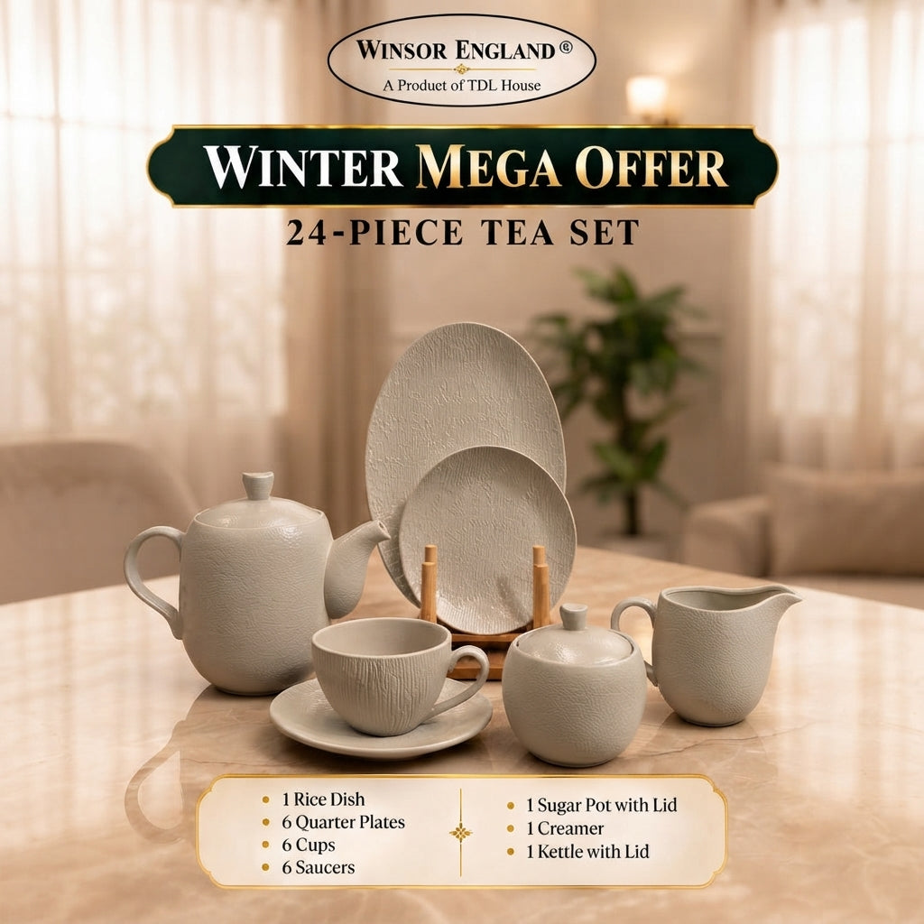 Winsor England 24-piece grey textured tea set displayed on a marble table in Pakistan.