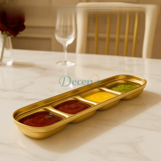 4-section dip tray  golden and silver dip platter  sauce and chutney serving tray  elegant appetizer tray  multi-compartment dip dish