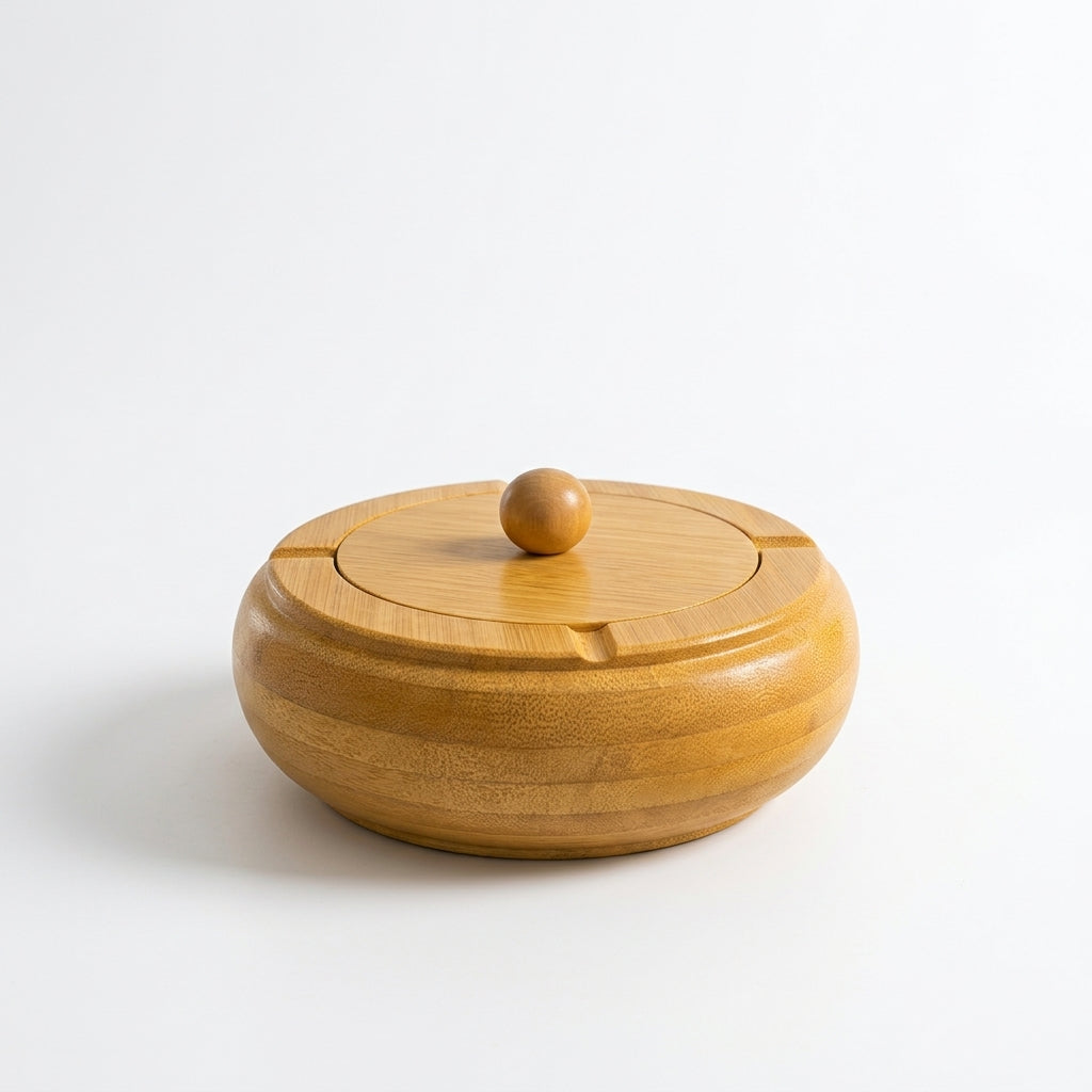 Round wooden ashtray with fitted lid and top knob placed on a white background.