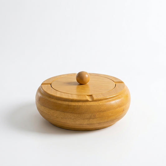 Round wooden ashtray with fitted lid and top knob placed on a white background.