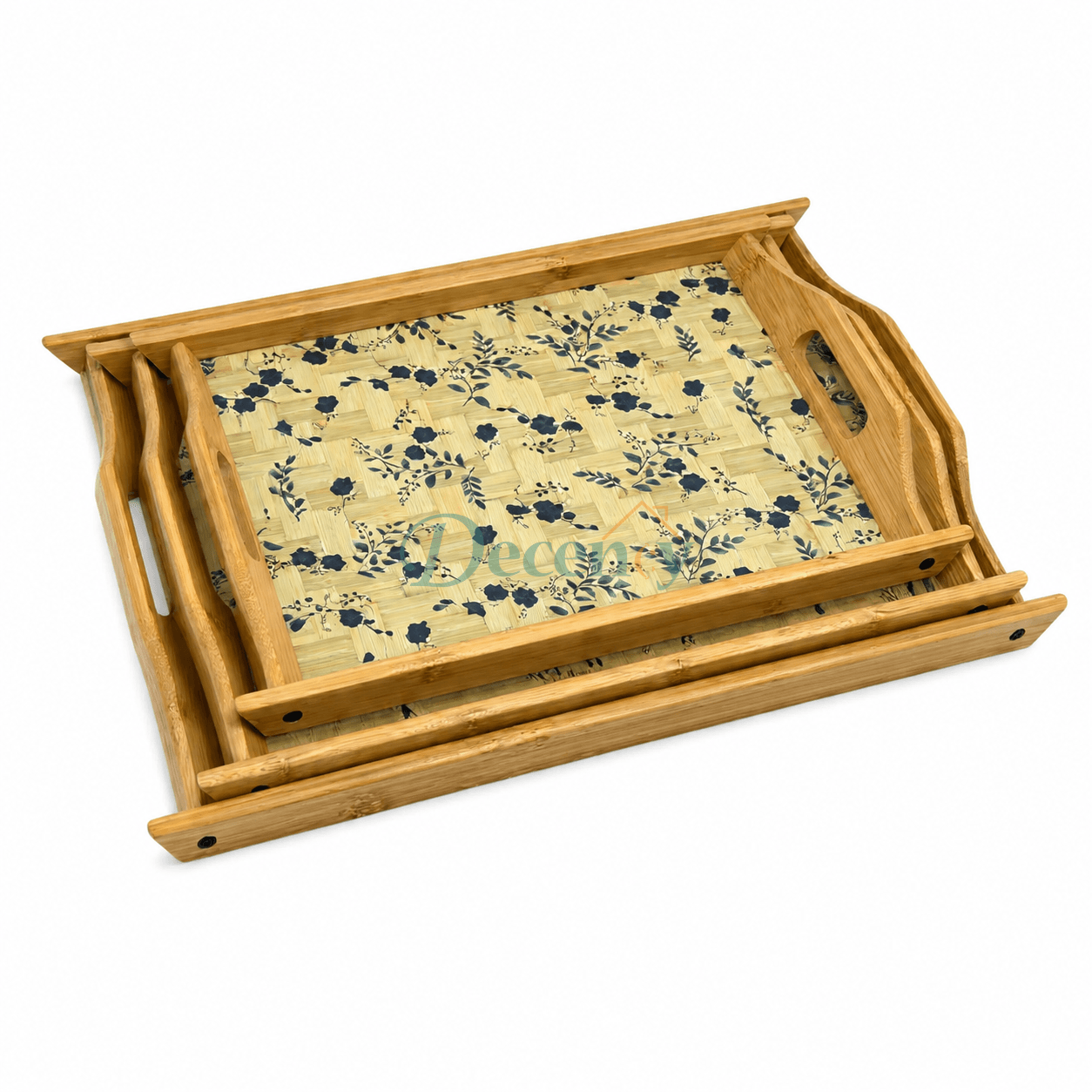 Set of 3 nested wooden bamboo serving trays with dark floral patterned bases