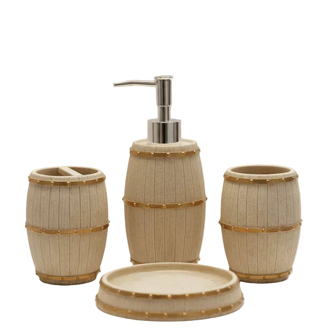 Rustic wooden liquid soap dispenser with a premium pump from the 4-piece bathroom organizer set.