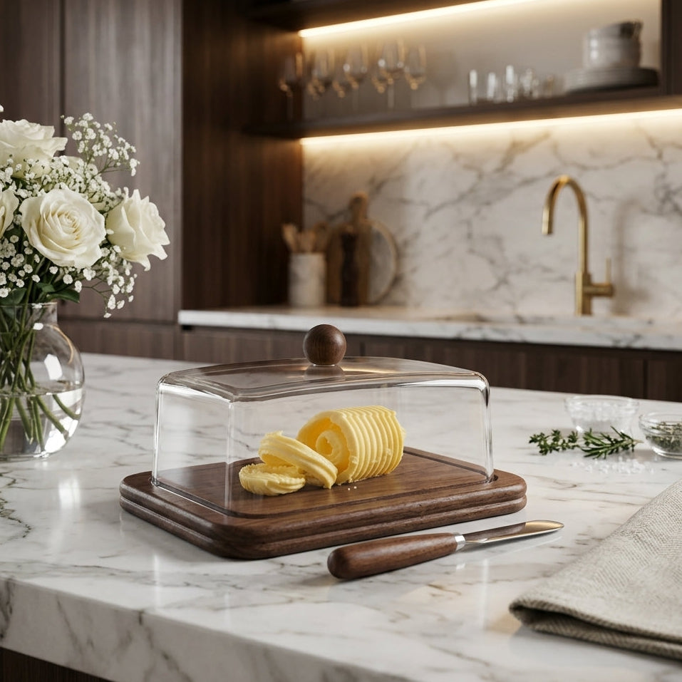 Elegant wooden butter dish with clear acrylic cover and wooden handle knife on a marble countertop