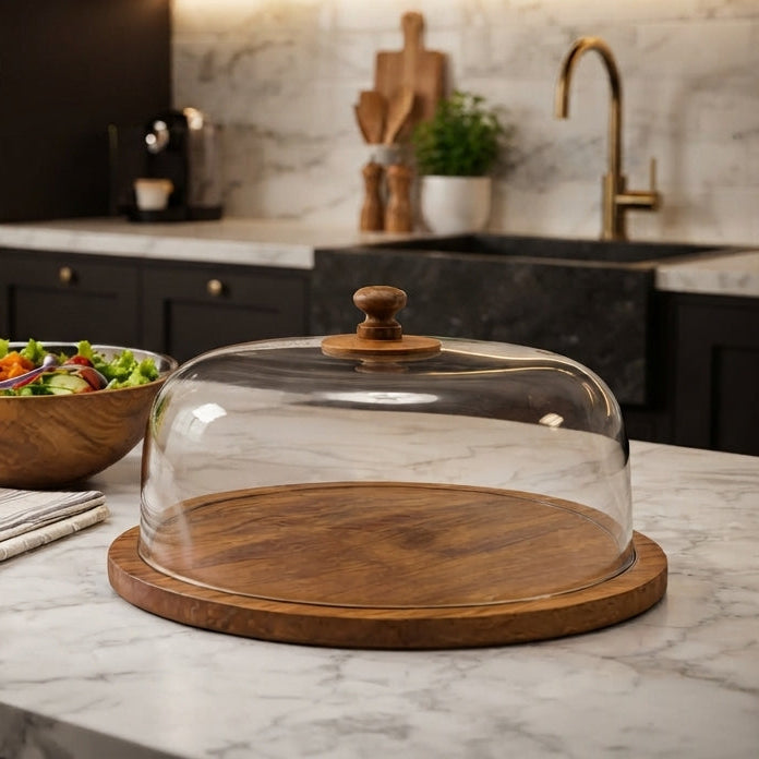 Glass dome cake stand with a wooden base and handle placed on a marble kitchen counter next to a salad bowl and flowers