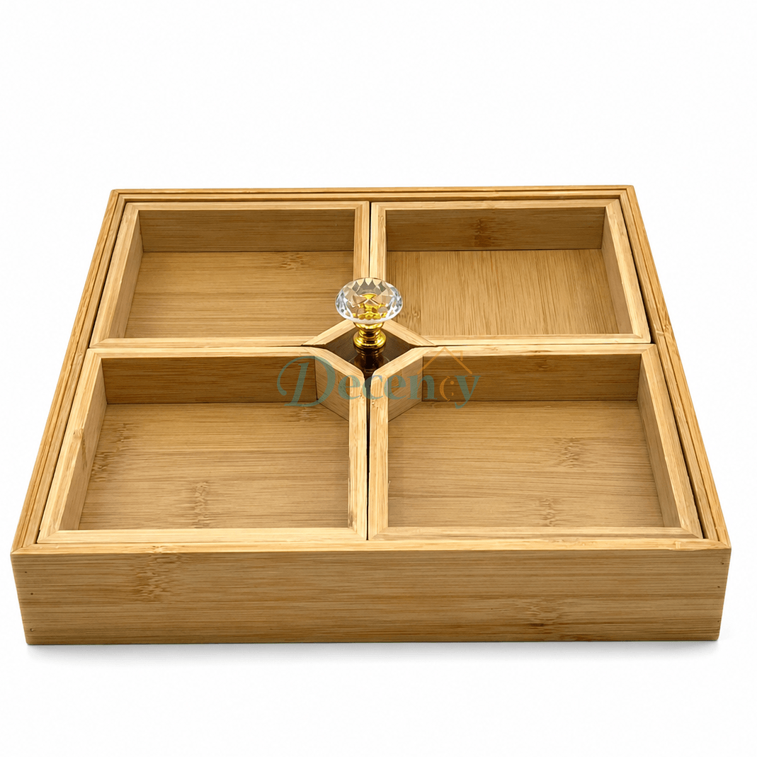 4 portion wooden dry fruit box with clear glass lids and crystal knob
