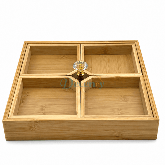 4 portion wooden dry fruit box with clear glass lids and crystal knob