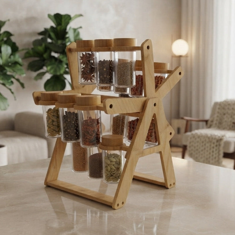 Wooden Ferris wheel spice rack with glass jars placed on a modern kitchen countertop