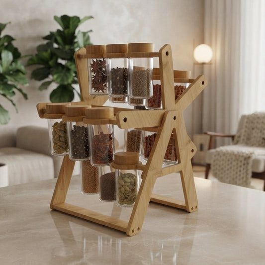 Wooden Ferris wheel spice rack with glass jars placed on a modern kitchen countertop
