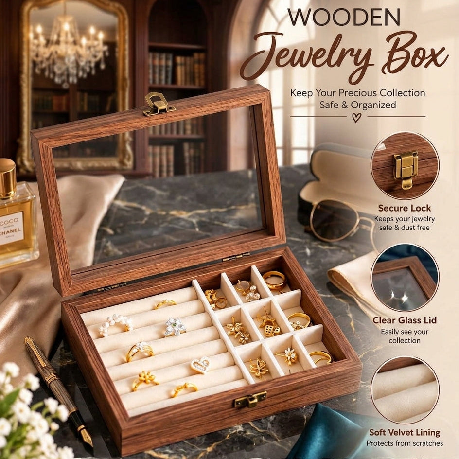Handcrafted wooden jewelry box open showing organized gold rings and earrings in velvet compartments.