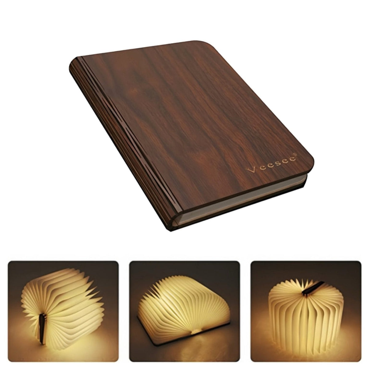 Open wooden LED book lamp emitting soft warm yellow glow on table