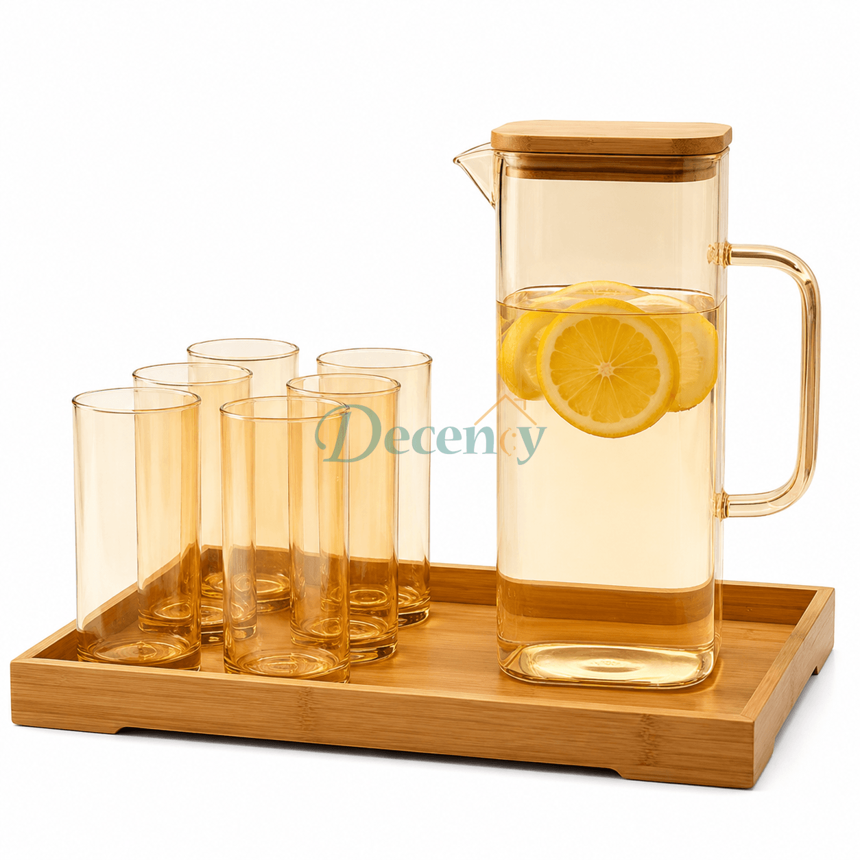 eat-resistant glass water jug filled with water and lemon slices, featuring a bamboo wooden lid.