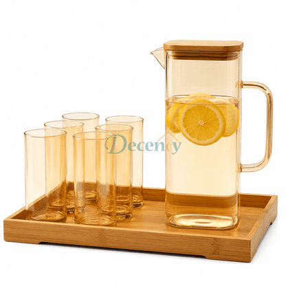 eat-resistant glass water jug filled with water and lemon slices, featuring a bamboo wooden lid.