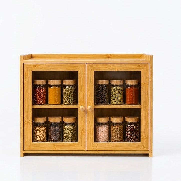 Wooden spice cabinet with clear acrylic doors holding 12 spice jars on a kitchen counter.   