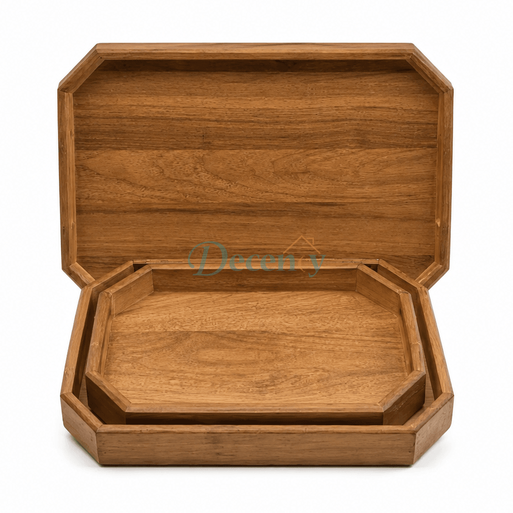 Three piece bamboo serving tray set in an octagonal design for guest serving