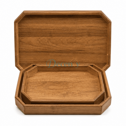 Three piece bamboo serving tray set in an octagonal design for guest serving