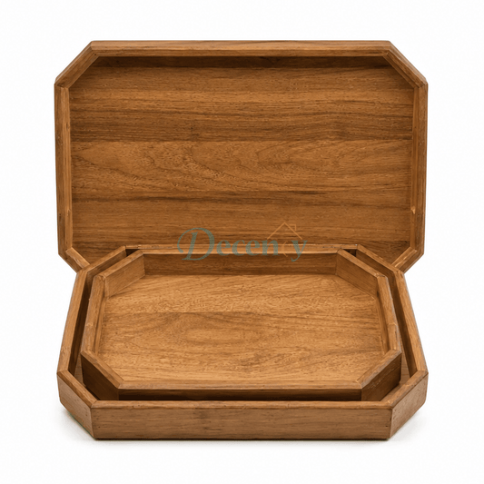 Three piece bamboo serving tray set in an octagonal design for guest serving