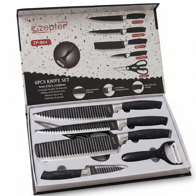 Zepter 6-piece non-stick knife set featuring black stone texture handles in display box
