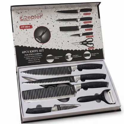 Zepter 6-piece non-stick knife set featuring black stone texture handles in display box