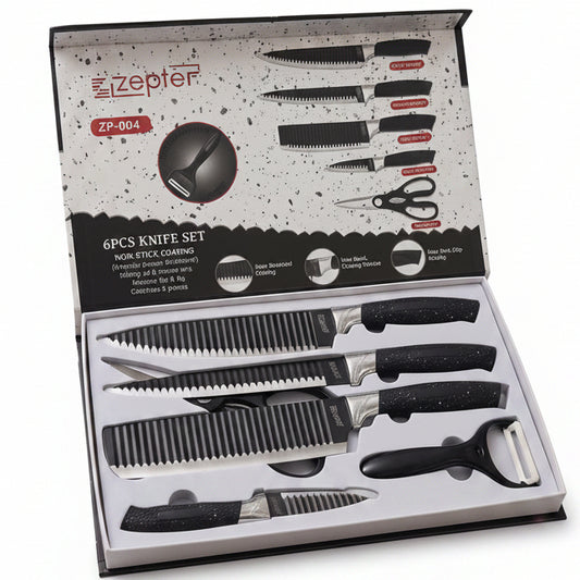 Zepter 6-piece non-stick knife set featuring black stone texture handles in display box