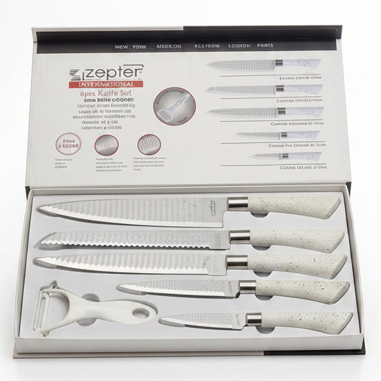 Zepter 6-piece kitchen knife set with white stone texture handles displayed in open box