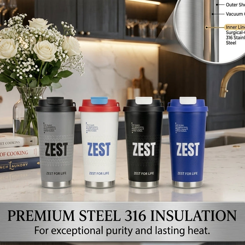 Four Zest stainless steel insulated travel mugs in grey, white, black, and blue lined up on a counter