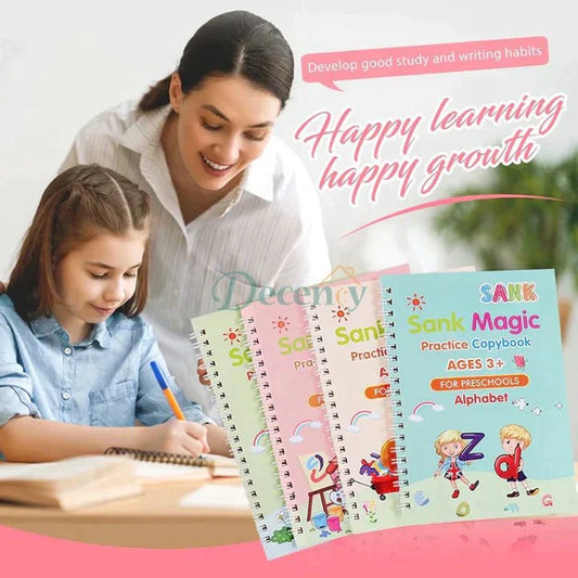 Kids Magic Practice Book (4 Books + 1 Pen + 1 Grip + 10 Refill) - Decency